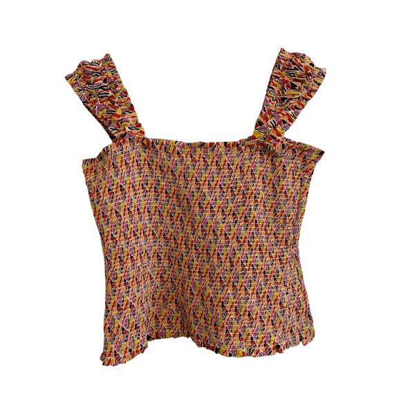 Maeve Retro Orange and Red Smocked Sleeveless Sweetheart Top - Picture 4 of 8